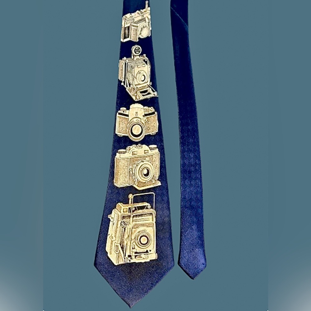 Vintage Cameras Pattern Novelty Men’s Tie • A. Rogers Brand • Navy & Beige